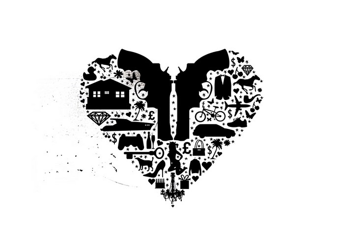 Heart shape filled with symbols of wealth and luxury