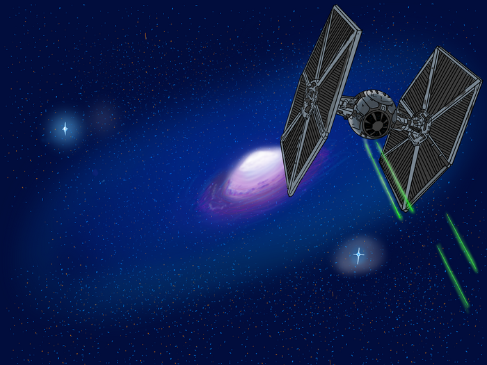 TIE Fighter firing lasers in a galaxy