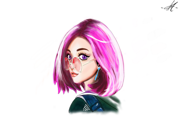 Anime girl with pink hair and glasses