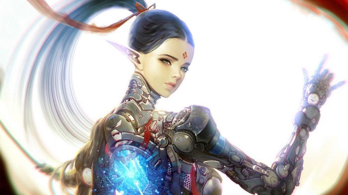 Cyborg elf with dark hair and mechanical body