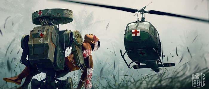 Robot carrying injured person near helicopter