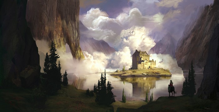 Fantasy castle on an island in a lake with mountains