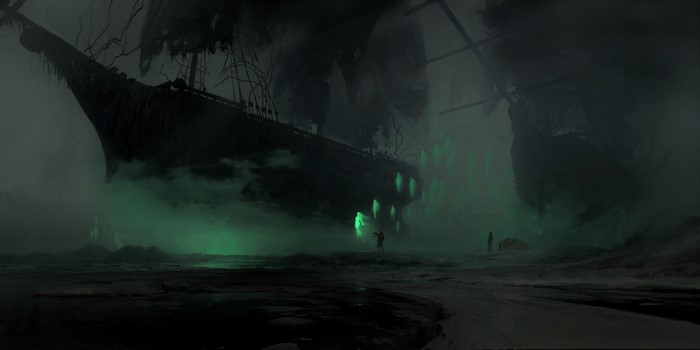 Ghost ship with glowing spirits and figures on shore