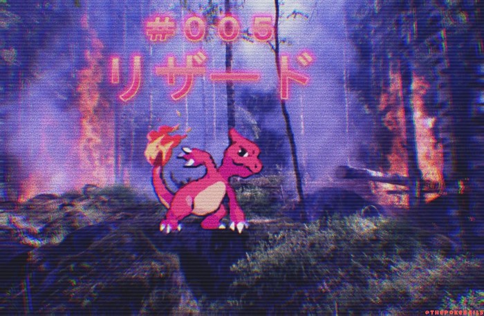 Charmeleon from Pokémon in a burning forest
