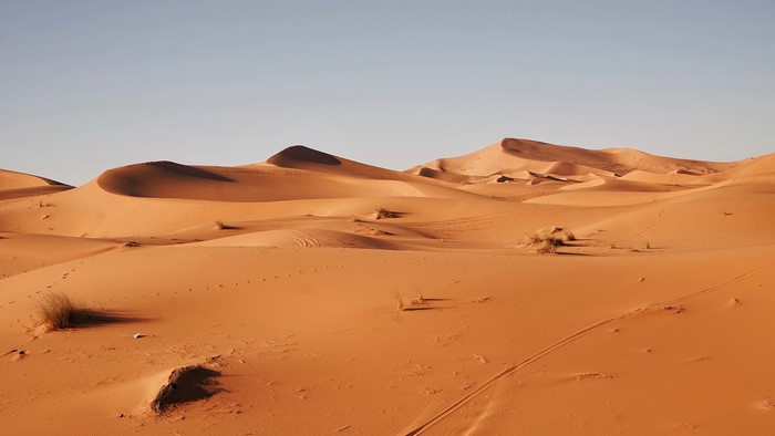 Desert sand dunes under a clear sky