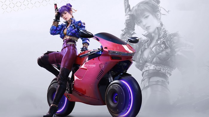 Woman with purple hair on a pink cyberpunk motorcycle holding a gun