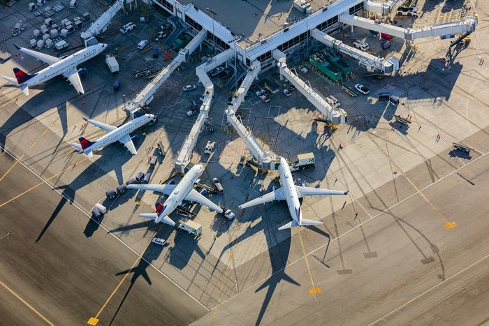 Aerial view of Delta airplanes at Los Angeles International Airport