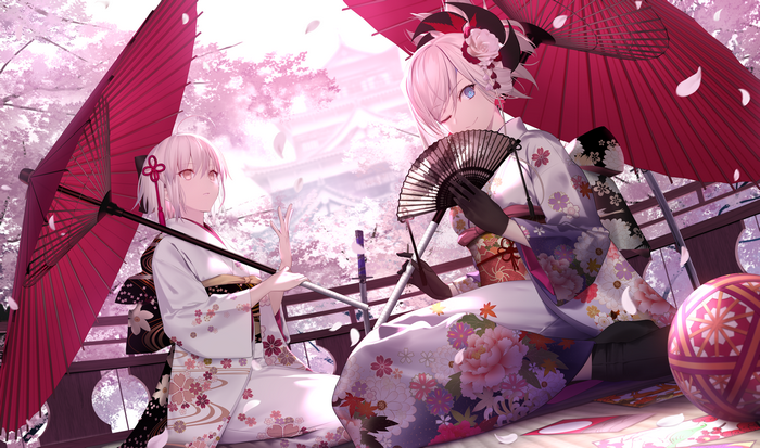 Okita Souji and Miyamoto Musashi from Fate/Grand Order in Kimonos