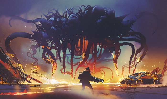 Man with gun faces giant monster and destroyed car
