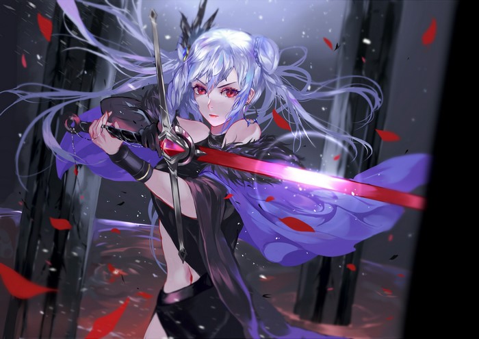 Anime girl with white hair and red eyes holding a sword