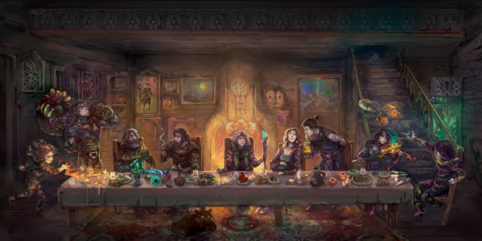 Children Of Morta characters at a long table