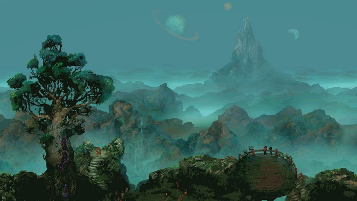 Children of Morta alien landscape with planets