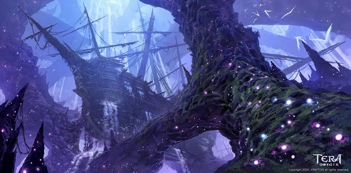 Fantasy art of a ship in a mystical forest