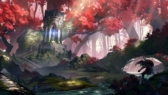 Fantasy forest with ancient ruins and a traveler
