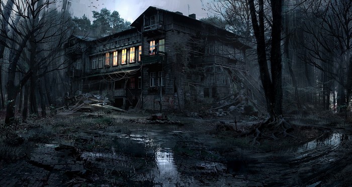 Creepy wooden house in a dark forest