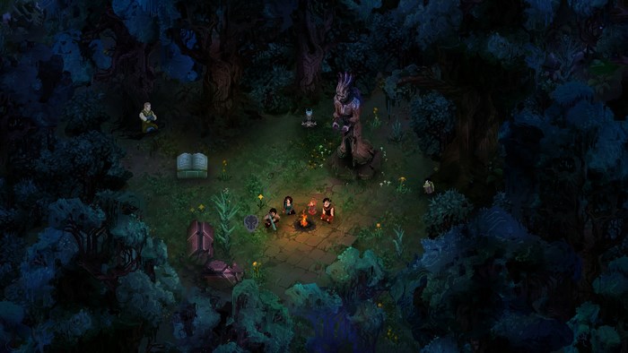 Children of Morta characters around a campfire in a forest