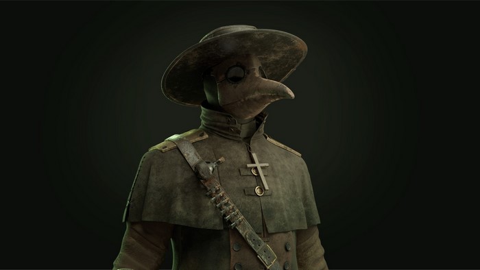Plague doctor in a hat and mask with a cross