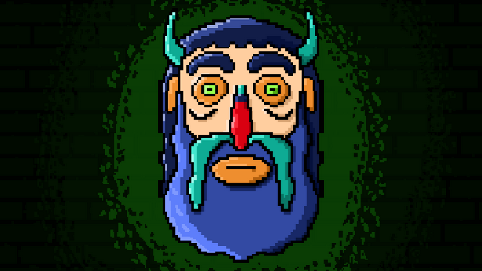 Pixel art demon with blue beard and horns
