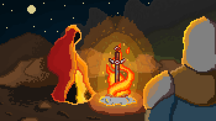 Pixel art of a bonfire with a sword and a hooded figure