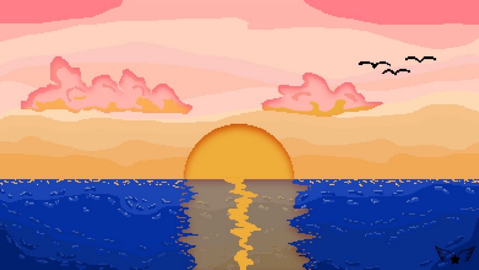 Pixel Art Sunset Over a Blue Sea with