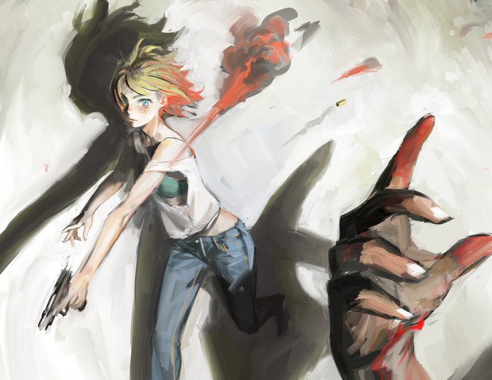 Girl with blonde hair holding a gun with blood and bullet casings