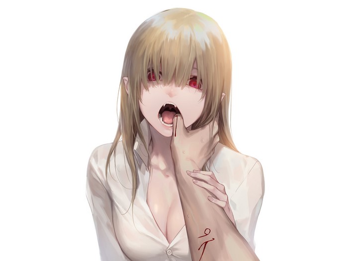 Anime girl with fangs biting arm