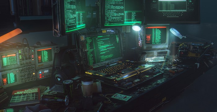 Cyberpunk Hacker Battlestation with Advanced Hardware