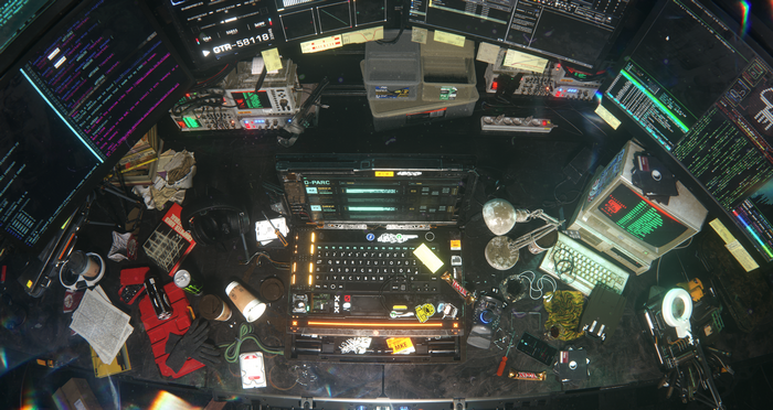 Cyberpunk desk with multiple monitors and computer equipment