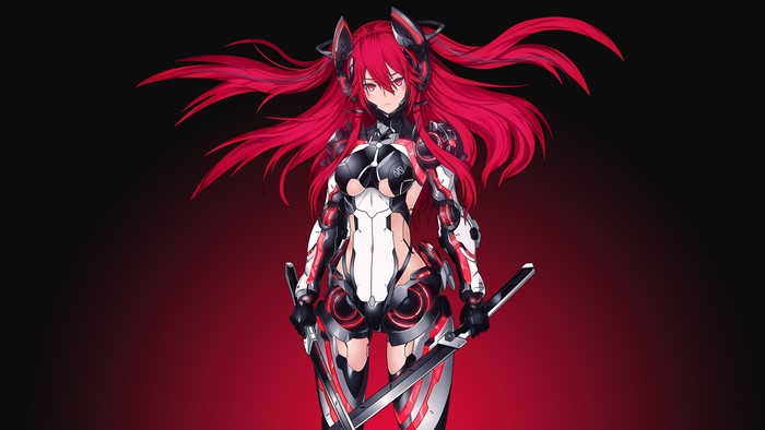 Anime girl with red hair and swords