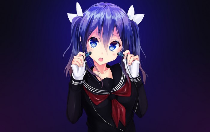 Anime girl with blue hair and earphones