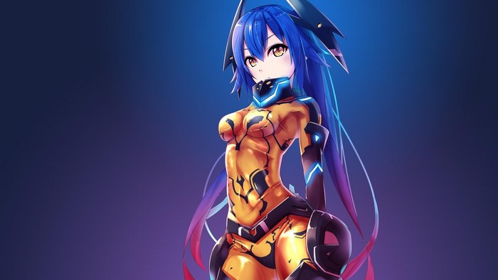 Quna from Phantasy Star Online 2 in a yellow bodysuit