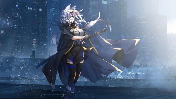 Anime girl with silver hair and animal ears holding a sword