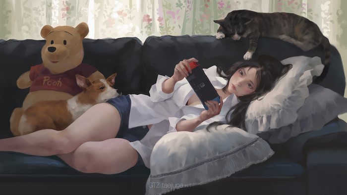 Girl playing Nintendo Switch with Winnie the Pooh and dogs