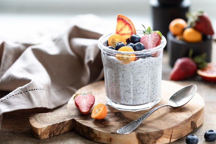 Chia seed pudding with fresh berries and fruit
