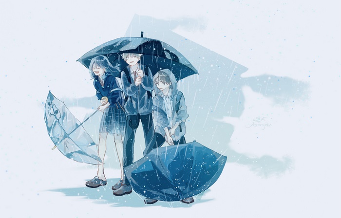 Three students with umbrellas in the rain
