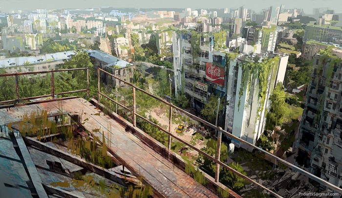 Dystopian city overgrown with plants, digital art
