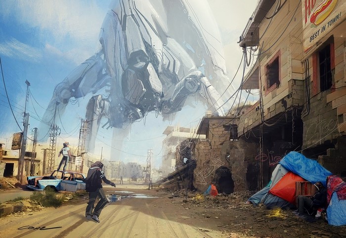 Giant robot over a destroyed city street