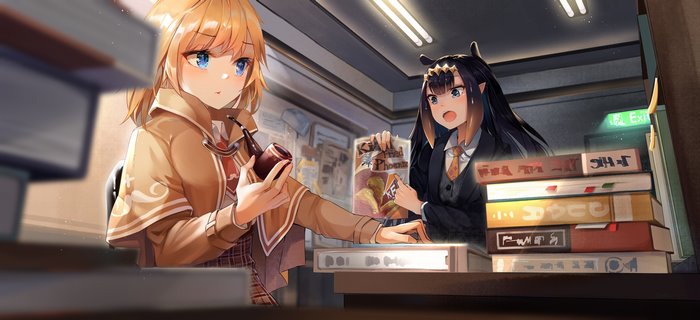 Watson Amelia and Ninomae Ina in a library