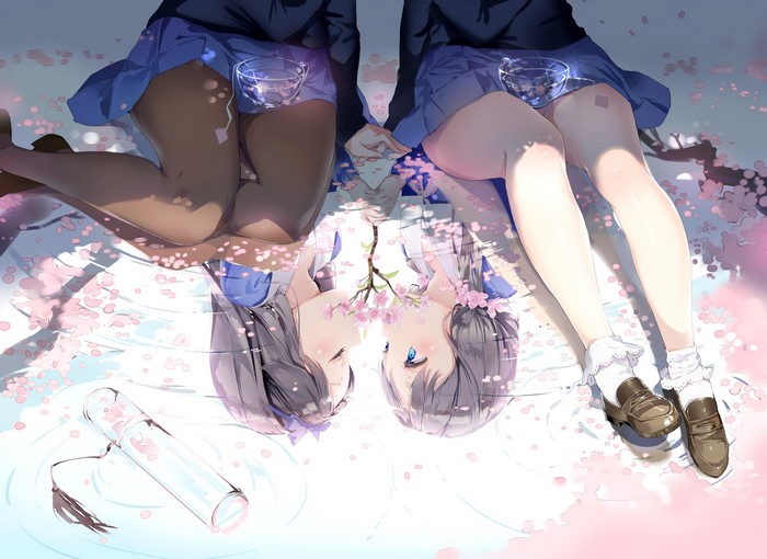Anime girls in school uniforms reflected in water with cherry blossoms