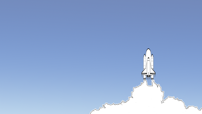Space shuttle launching through clouds against blue sky