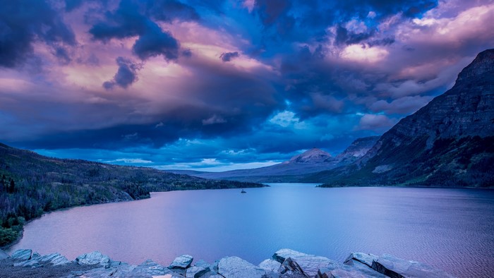 Dramatic sky over a lake in Glacier National Park
