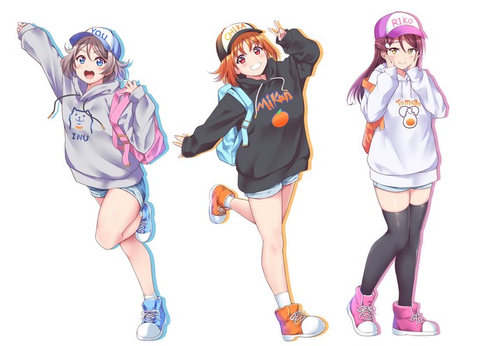 Watanabe You, Takami Chika, and Sakurauchi Riko from Love Live! Sunshine