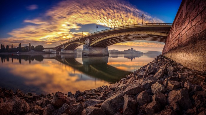 Bridge over Danube River at Sunrise, Budapest, Hungary