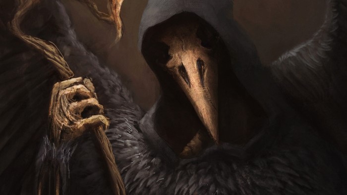 Fantasy art of a hooded figure with a raven skull mask