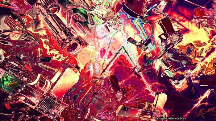 Psychedelic abstract art with guns and bullets