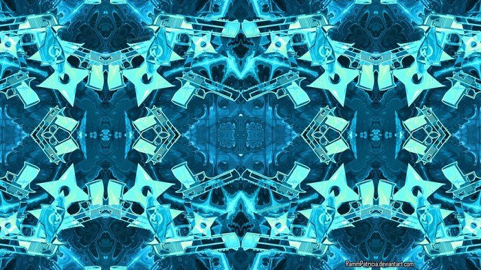 Kaleidoscopic abstract art with pistols and shurikens