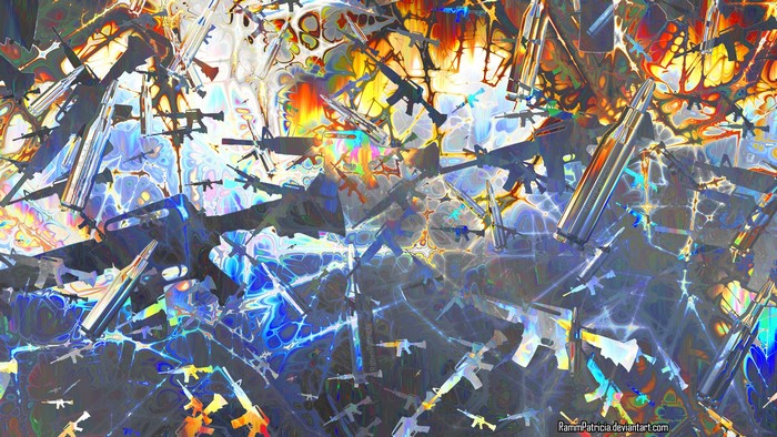 Abstract psychedelic collage of guns and bullets