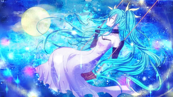 Hatsune Miku from Vocaloid swinging in space