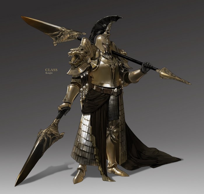 Knight in ornate golden armor holding a spear