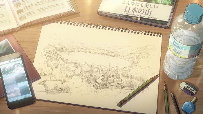 Anime pencil drawing of a landscape with a lake and town